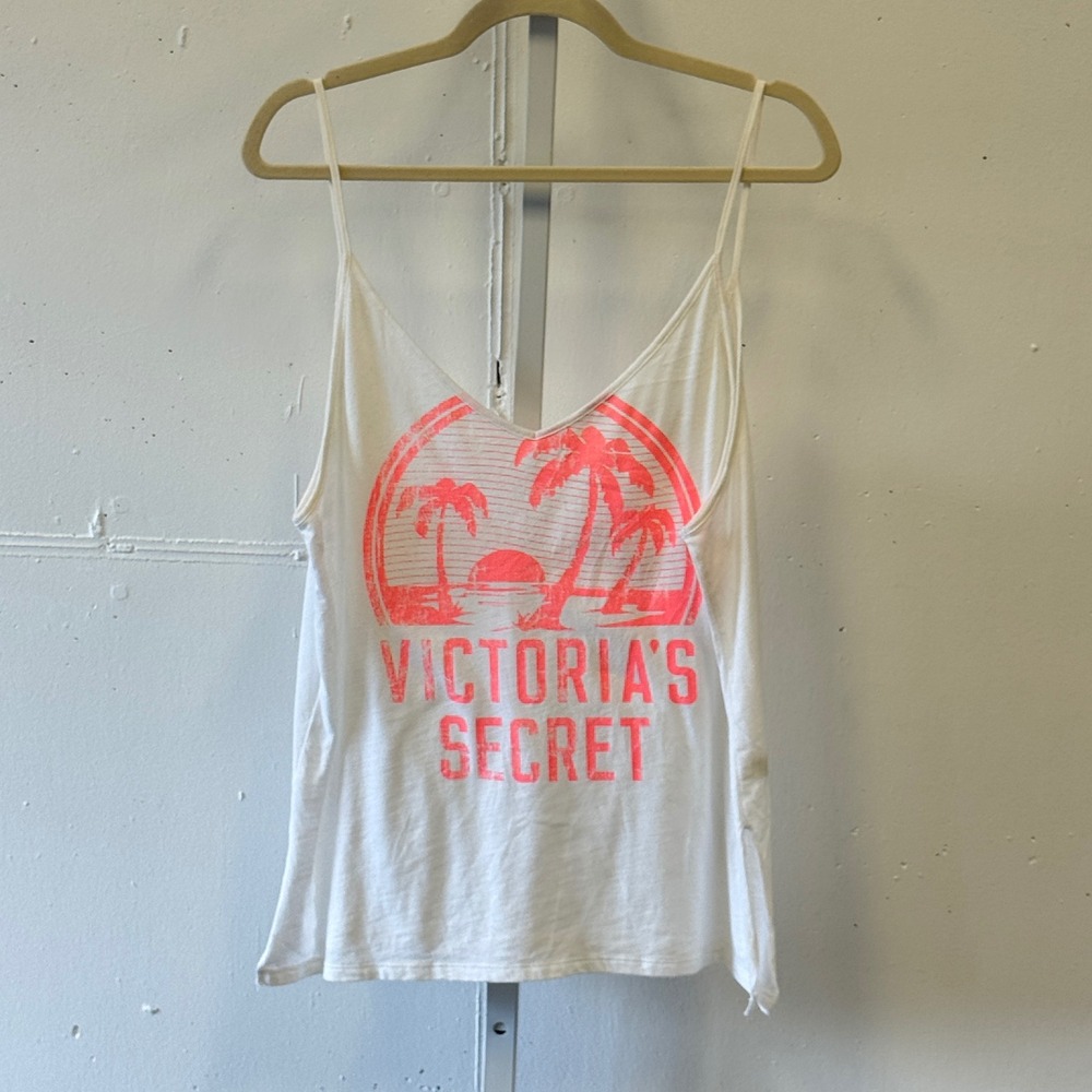 Victorias Secret Tank Top Large White Neon Pink Palm Tree Graphic V-Neck Cami